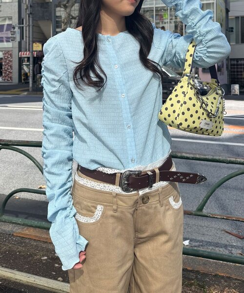 CIAOPANIC(チャオパニック)の「【neutral by ciaopanic】シャーリングカットソー(シャツ/ブラウス・レディース・オフホワイト/ブルー系その他/ピンク・FREE)」の1枚目の写真