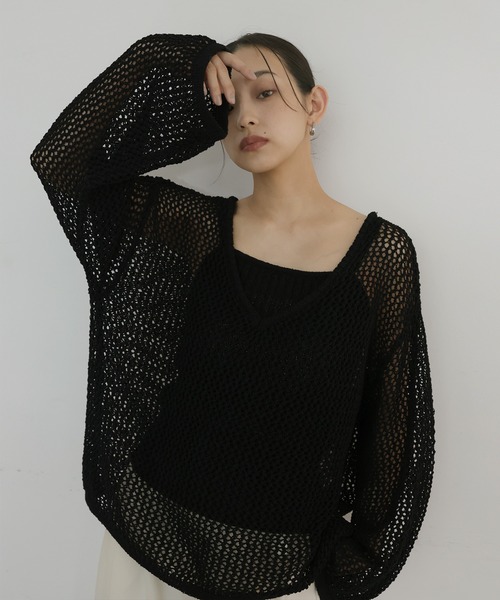 hellam(へラム)の「キャミ付きメッシュニットトップス(ニット/セーター・レディース・ブラック/ブラウン/ホワイト・FREE)」の2枚目の写真