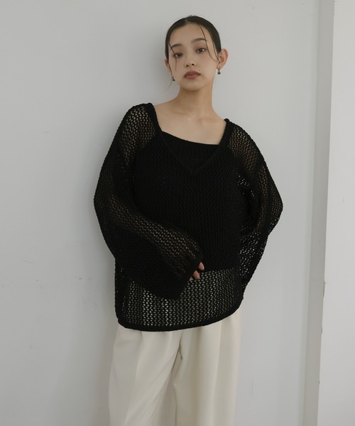 hellam(へラム)の「キャミ付きメッシュニットトップス(ニット/セーター・レディース・ブラック/ブラウン/ホワイト・FREE)」の7枚目の写真