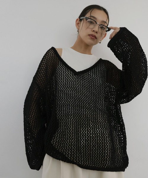 hellam(へラム)の「キャミ付きメッシュニットトップス(ニット/セーター・レディース・ブラック/ブラウン/ホワイト・FREE)」の9枚目の写真
