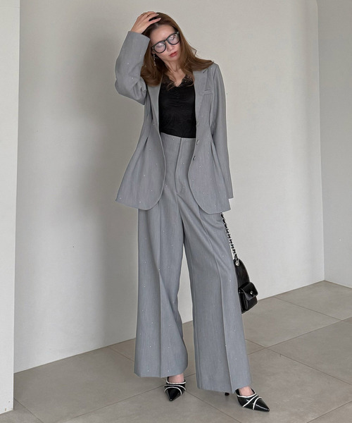 ROYAL PARTY（ロイヤルパーティー）の「ラインストーンタックワイドパンツ（その他パンツ・レディース・グレー/ブラック/ピンク・FREE）」の2枚目の写真