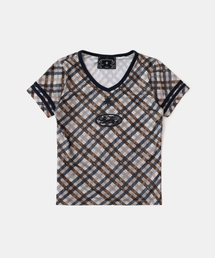 BADBLOOD（バッドブラッド）の「91 VネックジャージTシャツ - ベージュチェック（Tシャツ/カットソー）」