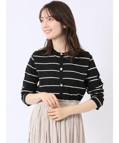 m.f.editorial(エムエフエディトリアル)の「【ストレッチ 接触冷感 UVカット 毛玉防止 ウォッシャブル】m.f.エディトリアル レディース 快適機能 ボーダー クルー ニット カーディガン(カーディガン/ボレロ・レディース・アイボリー/ブラック・MEDIUM/LARGE)」の2枚目の写真