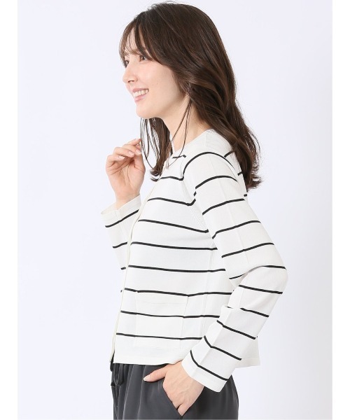 m.f.editorial(エムエフエディトリアル)の「【ストレッチ 接触冷感 UVカット 毛玉防止 ウォッシャブル】m.f.エディトリアル レディース 快適機能 ボーダー クルー ニット カーディガン(カーディガン/ボレロ・レディース・アイボリー/ブラック・MEDIUM/LARGE)」の12枚目の写真