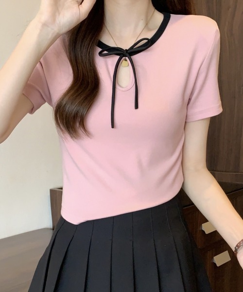 Candy Pot(キャンディポット)の「リボンデザインリブトップス(Tシャツ/カットソー・レディース・ブラック/ホワイト/ピンク・FREE)」の3枚目の写真