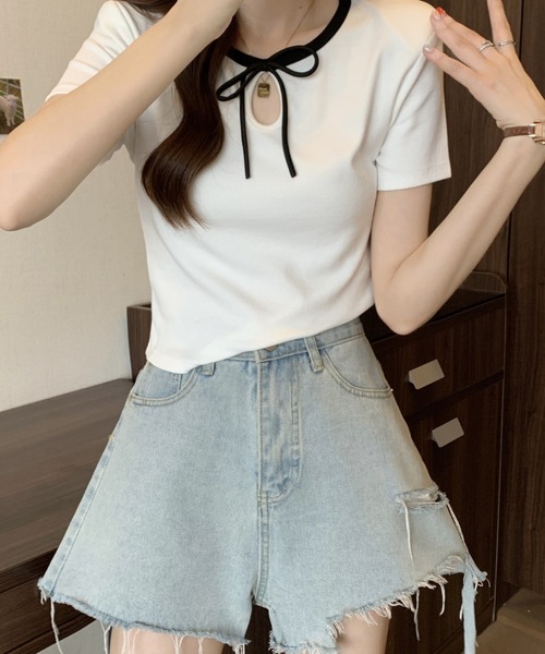 Candy Pot(キャンディポット)の「リボンデザインリブトップス(Tシャツ/カットソー・レディース・ブラック/ホワイト/ピンク・FREE)」の10枚目の写真