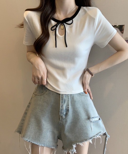 Candy Pot(キャンディポット)の「リボンデザインリブトップス(Tシャツ/カットソー・レディース・ブラック/ホワイト/ピンク・FREE)」の12枚目の写真