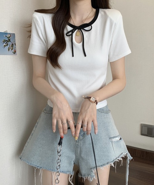Candy Pot(キャンディポット)の「リボンデザインリブトップス(Tシャツ/カットソー・レディース・ブラック/ホワイト/ピンク・FREE)」の14枚目の写真
