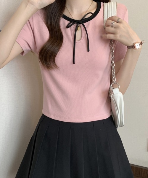 Candy Pot(キャンディポット)の「リボンデザインリブトップス(Tシャツ/カットソー・レディース・ブラック/ホワイト/ピンク・FREE)」の21枚目の写真