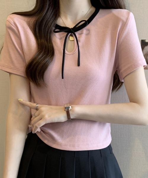 Candy Pot(キャンディポット)の「リボンデザインリブトップス(Tシャツ/カットソー・レディース・ブラック/ホワイト/ピンク・FREE)」の4枚目の写真