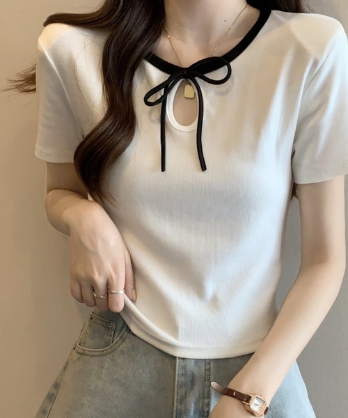 Candy Pot(キャンディポット)の「リボンデザインリブトップス(Tシャツ/カットソー・レディース・ブラック/ホワイト/ピンク・FREE)」の11枚目の写真