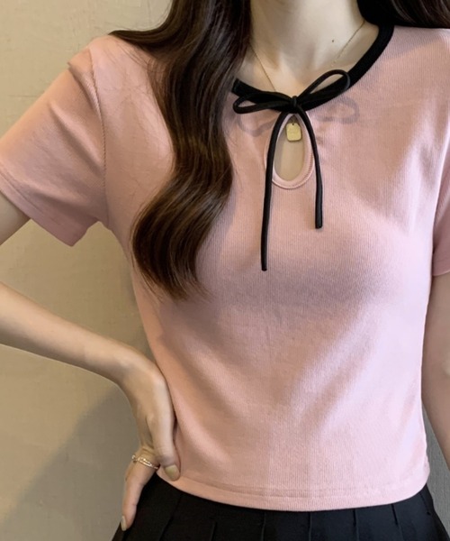 Candy Pot(キャンディポット)の「リボンデザインリブトップス(Tシャツ/カットソー・レディース・ブラック/ホワイト/ピンク・FREE)」の7枚目の写真