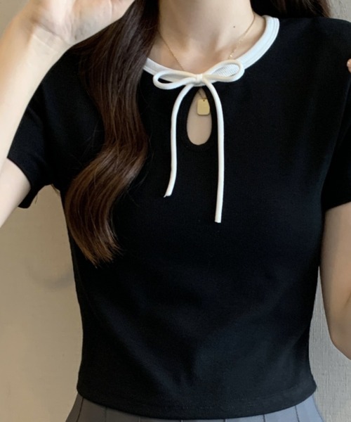 Candy Pot(キャンディポット)の「リボンデザインリブトップス(Tシャツ/カットソー・レディース・ブラック/ホワイト/ピンク・FREE)」の19枚目の写真