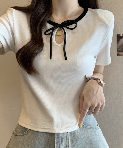 Candy Pot(キャンディポット)の「リボンデザインリブトップス(Tシャツ/カットソー・レディース・ブラック/ホワイト/ピンク・FREE)」の8枚目の写真
