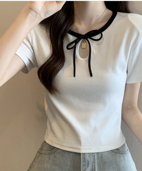 Candy Pot(キャンディポット)の「リボンデザインリブトップス(Tシャツ/カットソー・レディース・ブラック/ホワイト/ピンク・FREE)」の9枚目の写真