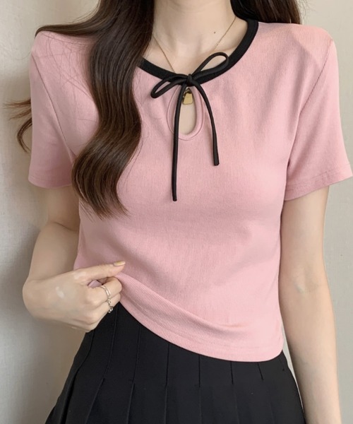 Candy Pot(キャンディポット)の「リボンデザインリブトップス(Tシャツ/カットソー・レディース・ブラック/ホワイト/ピンク・FREE)」の5枚目の写真