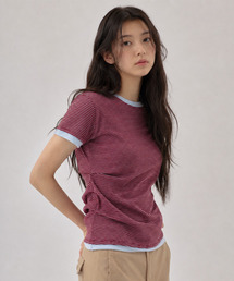 アンバランスストライプ配色Tシャツレッド