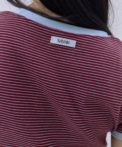 SAYUU(サユ)の「アンバランスストライプ配色Tシャツレッド(Tシャツ/カットソー・レディース・レッド・FREE)」の5枚目の写真