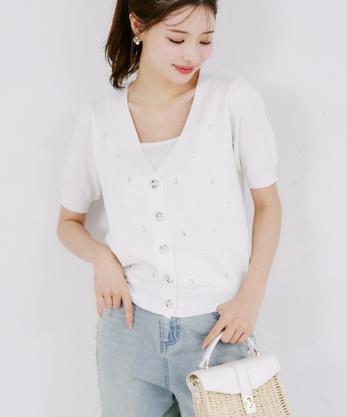 tocco closet（トッコ　クローゼット）の「【ZOZO限定】UVカット＆接触冷感ビジュー装飾半袖カーディガン（ニット/セーター・レディース・ミント/ネイビー/サックスブルー/オフホワイト・M）」の2枚目の写真