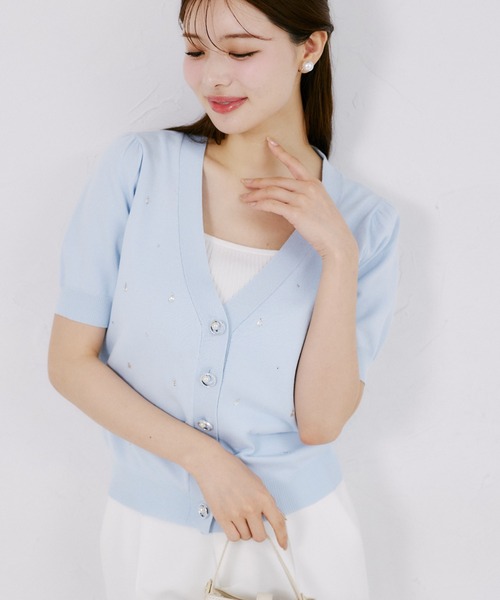 tocco closet（トッコ　クローゼット）の「【ZOZO限定】UVカット＆接触冷感ビジュー装飾半袖カーディガン（ニット/セーター・レディース・ミント/ネイビー/サックスブルー/オフホワイト・M）」の4枚目の写真