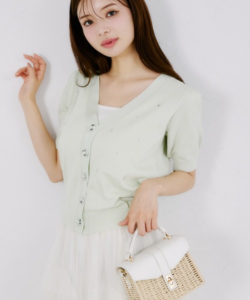 tocco closet（トッコ　クローゼット）の「【ZOZO限定】UVカット＆接触冷感ビジュー装飾半袖カーディガン（ニット/セーター・レディース・ミント/ネイビー/サックスブルー/オフホワイト・M）」の3枚目の写真