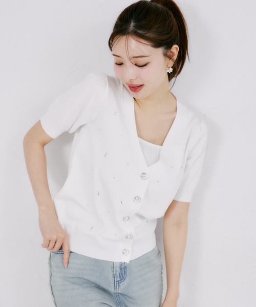 tocco closet（トッコ　クローゼット）の「【ZOZO限定】UVカット＆接触冷感ビジュー装飾半袖カーディガン（ニット/セーター・レディース・ミント/ネイビー/サックスブルー/オフホワイト・M）」の7枚目の写真