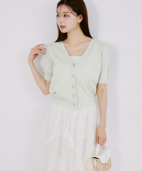 tocco closet（トッコ　クローゼット）の「【ZOZO限定】UVカット＆接触冷感ビジュー装飾半袖カーディガン（ニット/セーター・レディース・ミント/ネイビー/サックスブルー/オフホワイト・M）」の11枚目の写真