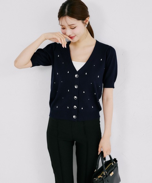 tocco closet（トッコ　クローゼット）の「【ZOZO限定】UVカット＆接触冷感ビジュー装飾半袖カーディガン（ニット/セーター・レディース・ミント/ネイビー/サックスブルー/オフホワイト・M）」の16枚目の写真