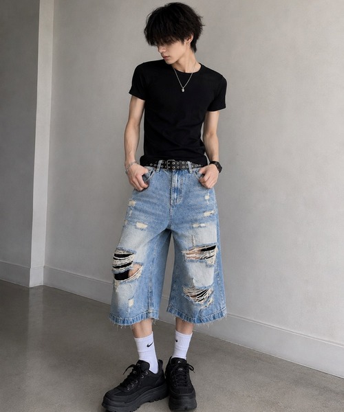 CERCA(チェルカ)の「【Bls】 【ZM】【Bling Leads】ダメージ加工 スケーター ハーフパンツ(デニムパンツ・メンズ・ブルー・LARGE/MEDIUM)」の2枚目の写真