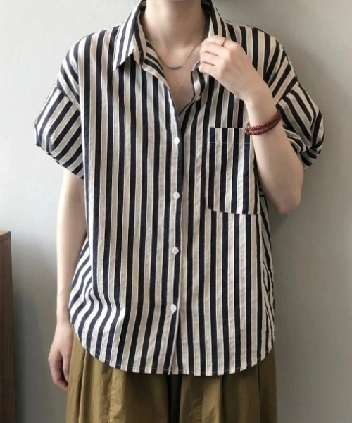 HAILY(ヘイリー)の「ストライプ柄パフスリーブシャツ(シャツ/ブラウス・レディース・ブラック/グリーン・FREE)」の7枚目の写真