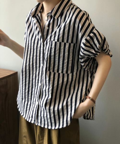 HAILY(ヘイリー)の「ストライプ柄パフスリーブシャツ(シャツ/ブラウス・レディース・ブラック/グリーン・FREE)」の14枚目の写真