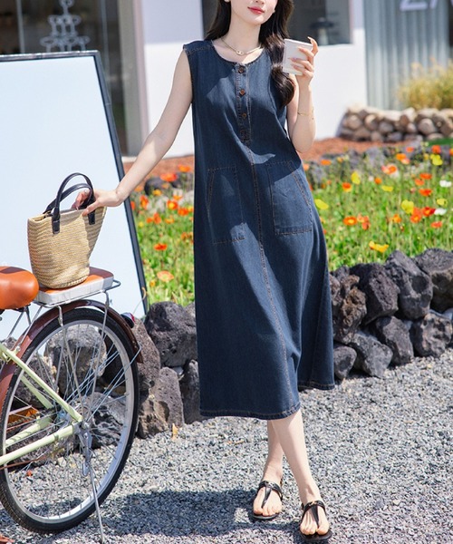 2ly2(トゥーリートゥー)の「デニムワンピース レディース ノースリーブ ロング丈 Iライン(ワンピース・レディース・ネイビー・FREE)」の7枚目の写真