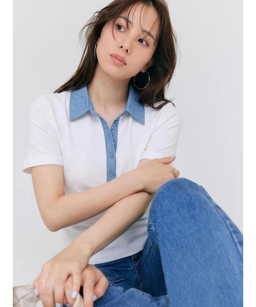 BLUE×PALANG（ブルーパラン）の「HYBRID DENIM POLO（Tシャツ/カットソー・レディース・ネイビー/ライトブルー・FREE）」の3枚目の写真