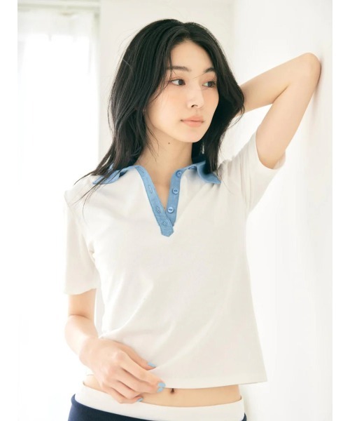 BLUE×PALANG（ブルーパラン）の「HYBRID DENIM POLO（Tシャツ/カットソー・レディース・ネイビー/ライトブルー・FREE）」の13枚目の写真