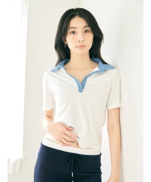 BLUE×PALANG（ブルーパラン）の「HYBRID DENIM POLO（Tシャツ/カットソー・レディース・ネイビー/ライトブルー・FREE）」の18枚目の写真