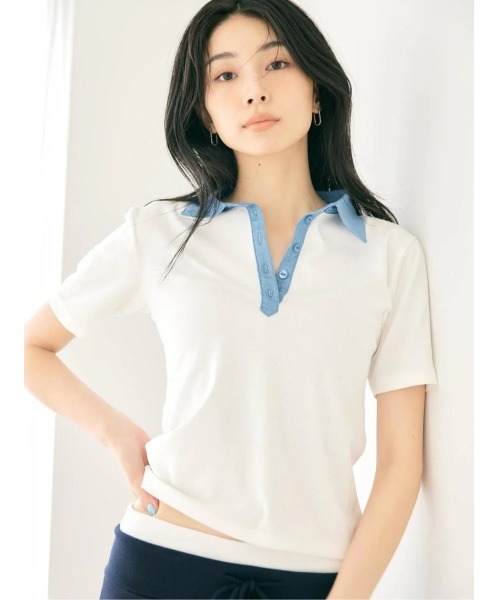 BLUE×PALANG（ブルーパラン）の「HYBRID DENIM POLO（Tシャツ/カットソー・レディース・ネイビー/ライトブルー・FREE）」の21枚目の写真
