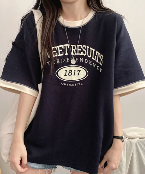 VIVID LADY(ビビッドレディー)の「カレッジロゴ バイカラー 半袖Tシャツ(Tシャツ/カットソー・レディース・ライトグレー/ネイビー/ワイン・FREE)」の3枚目の写真