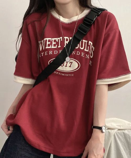 VIVID LADY(ビビッドレディー)の「カレッジロゴ バイカラー 半袖Tシャツ(Tシャツ/カットソー・レディース・ライトグレー/ネイビー/ワイン・FREE)」の16枚目の写真