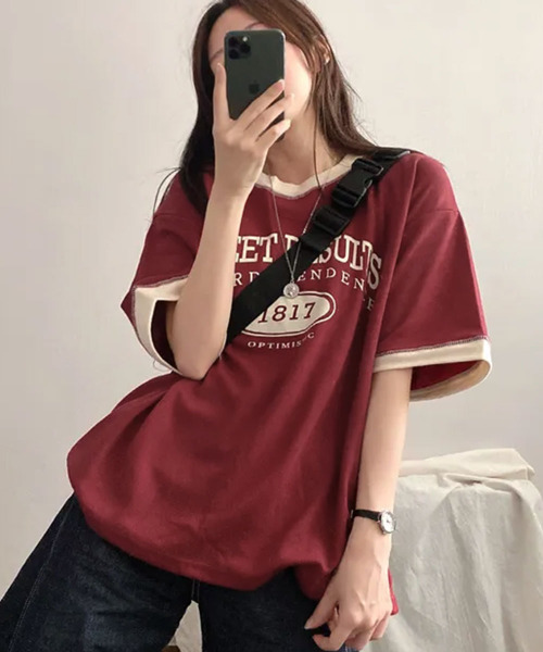VIVID LADY(ビビッドレディー)の「カレッジロゴ バイカラー 半袖Tシャツ(Tシャツ/カットソー・レディース・ライトグレー/ネイビー/ワイン・FREE)」の18枚目の写真