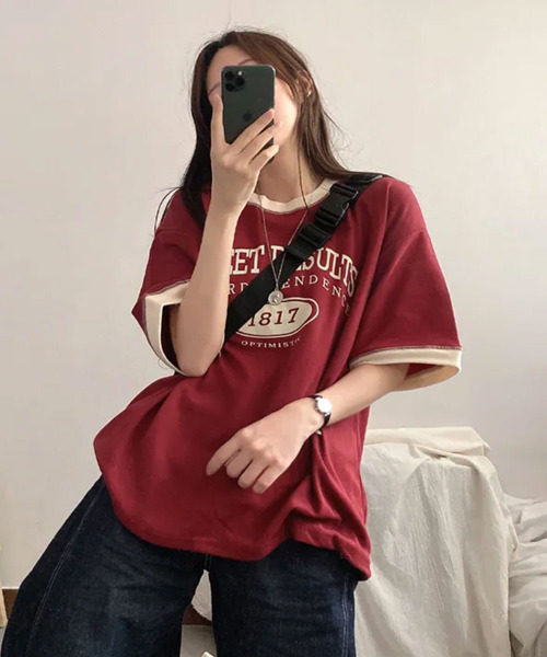 VIVID LADY(ビビッドレディー)の「カレッジロゴ バイカラー 半袖Tシャツ(Tシャツ/カットソー・レディース・ライトグレー/ネイビー/ワイン・FREE)」の19枚目の写真