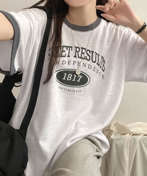 VIVID LADY(ビビッドレディー)の「カレッジロゴ バイカラー 半袖Tシャツ(Tシャツ/カットソー・レディース・ライトグレー/ネイビー/ワイン・FREE)」の20枚目の写真