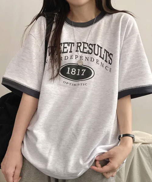 VIVID LADY(ビビッドレディー)の「カレッジロゴ バイカラー 半袖Tシャツ(Tシャツ/カットソー・レディース・ライトグレー/ネイビー/ワイン・FREE)」の21枚目の写真