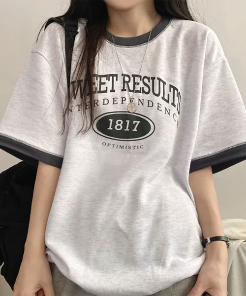 VIVID LADY(ビビッドレディー)の「カレッジロゴ バイカラー 半袖Tシャツ(Tシャツ/カットソー・レディース・ライトグレー/ネイビー/ワイン・FREE)」の5枚目の写真