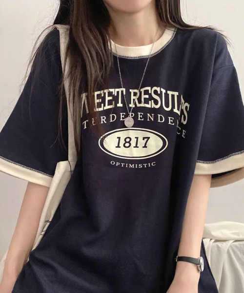 VIVID LADY(ビビッドレディー)の「カレッジロゴ バイカラー 半袖Tシャツ(Tシャツ/カットソー・レディース・ライトグレー/ネイビー/ワイン・FREE)」の7枚目の写真