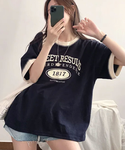 VIVID LADY(ビビッドレディー)の「カレッジロゴ バイカラー 半袖Tシャツ(Tシャツ/カットソー・レディース・ライトグレー/ネイビー/ワイン・FREE)」の8枚目の写真