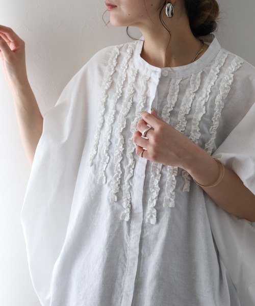 ubasoku（ウバソク）の「ubasoku リネン フロントフリル比翼プルオーバー 半端袖（シャツ/ブラウス・レディース・オフホワイト/ブラック・FREE）」の3枚目の写真