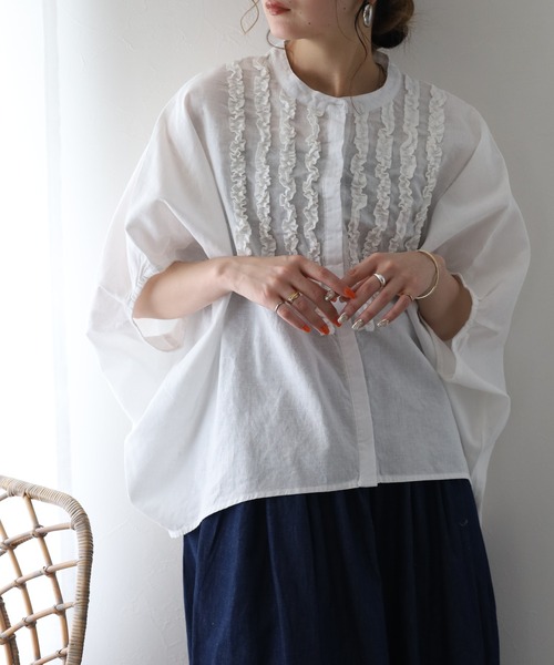 ubasoku（ウバソク）の「ubasoku リネン フロントフリル比翼プルオーバー 半端袖（シャツ/ブラウス・レディース・オフホワイト/ブラック・FREE）」の5枚目の写真