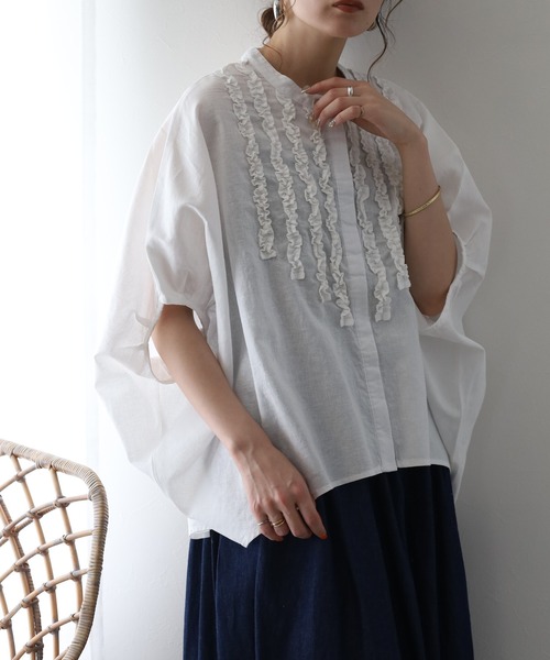 ubasoku（ウバソク）の「ubasoku リネン フロントフリル比翼プルオーバー 半端袖（シャツ/ブラウス・レディース・オフホワイト/ブラック・FREE）」の6枚目の写真