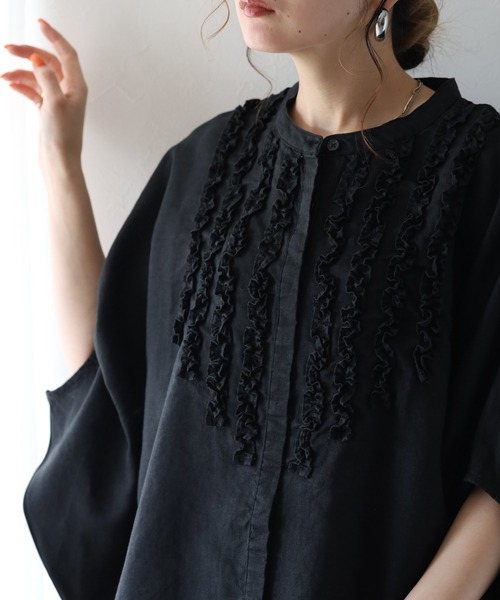 ubasoku（ウバソク）の「ubasoku リネン フロントフリル比翼プルオーバー 半端袖（シャツ/ブラウス・レディース・オフホワイト/ブラック・FREE）」の9枚目の写真
