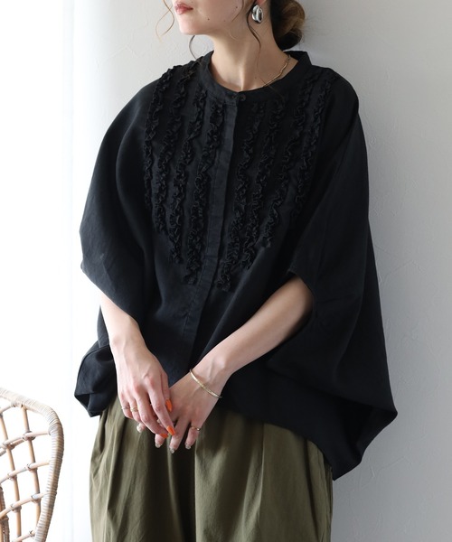 ubasoku（ウバソク）の「ubasoku リネン フロントフリル比翼プルオーバー 半端袖（シャツ/ブラウス・レディース・オフホワイト/ブラック・FREE）」の12枚目の写真